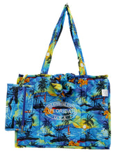 Load image into Gallery viewer, Navy Blue Sunset Island View Printed Hawaiian Style Beach Bag With Beach Wrap and Scrunchy For Women P04691