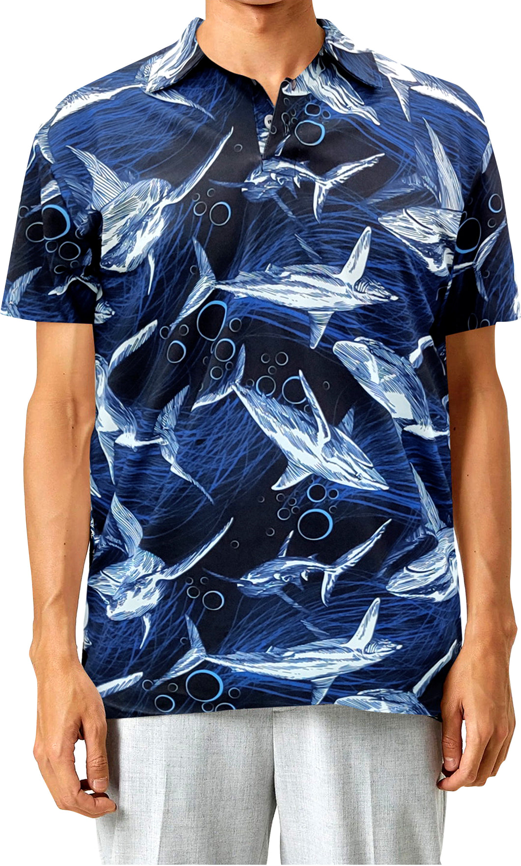 Navy Blue Allover Sharks Fishes Marine life Men's Polo Tee Shirt ...