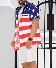 Load image into Gallery viewer, LA LEELA Men's Holiday American US Flag Button Down Short Sleeve Hawaiian Camp Shirt Red P00038