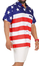 Load image into Gallery viewer, LA LEELA Men's Holiday American US Flag Button Down Short Sleeve Hawaiian Camp Shirt Red P00038