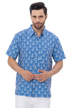 Load image into Gallery viewer, Sail Into Style Navy Blue &amp; White Anchor-Printed Rayon Men's Shirt P00345