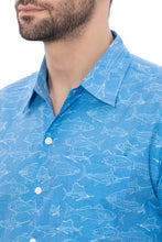 Load image into Gallery viewer, Oceanic Opulence Royal Blue &amp; White Fish-Printed Rayon Men's Shirt P00346