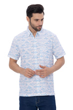 Cargar imagen en el visor de la galería, Oceanic Opulence White And Blue Shark Fish Printed Rayon Men's Shirt P00349