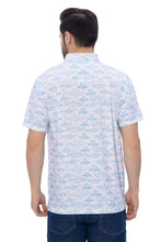 Cargar imagen en el visor de la galería, Oceanic Opulence White And Blue Shark Fish Printed Rayon Men's Shirt P00349