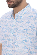 Cargar imagen en el visor de la galería, Oceanic Opulence White And Blue Shark Fish Printed Rayon Men's Shirt P00349