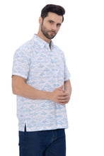 Cargar imagen en el visor de la galería, Oceanic Opulence White And Blue Shark Fish Printed Rayon Men's Shirt P00349