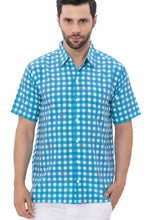 Load image into Gallery viewer, Allover Pirate Ship Wheel and Teal Blue Checks Printed White Rayon Men's Shirt P00350