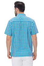 Load image into Gallery viewer, Allover Pirate Ship Wheel and Teal Blue Checks Printed White Rayon Men's Shirt P00350