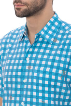 Load image into Gallery viewer, Allover Pirate Ship Wheel and Teal Blue Checks Printed White Rayon Men's Shirt P00350