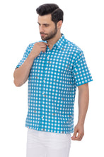 Load image into Gallery viewer, Allover Pirate Ship Wheel and Teal Blue Checks Printed White Rayon Men's Shirt P00350