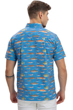 Cargar imagen en el visor de la galería, Oceanic Opulence Royal Blue And Multicolor Shark Fish Printed Rayon Men's Shirt P00354