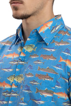 Cargar imagen en el visor de la galería, Oceanic Opulence Royal Blue And Multicolor Shark Fish Printed Rayon Men's Shirt P00354