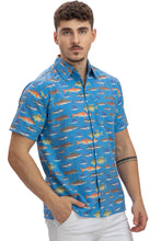 Cargar imagen en el visor de la galería, Oceanic Opulence Royal Blue And Multicolor Shark Fish Printed Rayon Men's Shirt P00354