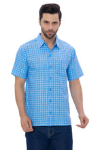 Load image into Gallery viewer, Blue Checks and Playful Flamingos Printed White Rayon Men's Shirt P00357