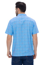 Load image into Gallery viewer, Blue Checks and Playful Flamingos Printed White Rayon Men's Shirt P00357