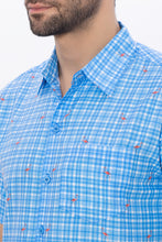 Load image into Gallery viewer, Blue Checks and Playful Flamingos Printed White Rayon Men's Shirt P00357