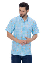 Load image into Gallery viewer, Allover Star Fish and Blue Checks Printed White Rayon Men's Shirt P00367