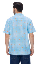 Load image into Gallery viewer, Allover Star Fish and Blue Checks Printed White Rayon Men's Shirt P00367