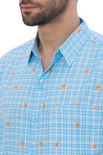 Load image into Gallery viewer, Allover Star Fish and Blue Checks Printed White Rayon Men's Shirt P00367