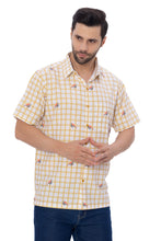 Load image into Gallery viewer, Mini Turtle Whimsy and Mustard Checks Printed White Rayon Men's Shirt P00377