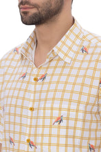Load image into Gallery viewer, Mini Turtle Whimsy and Mustard Checks Printed White Rayon Men's Shirt P00377