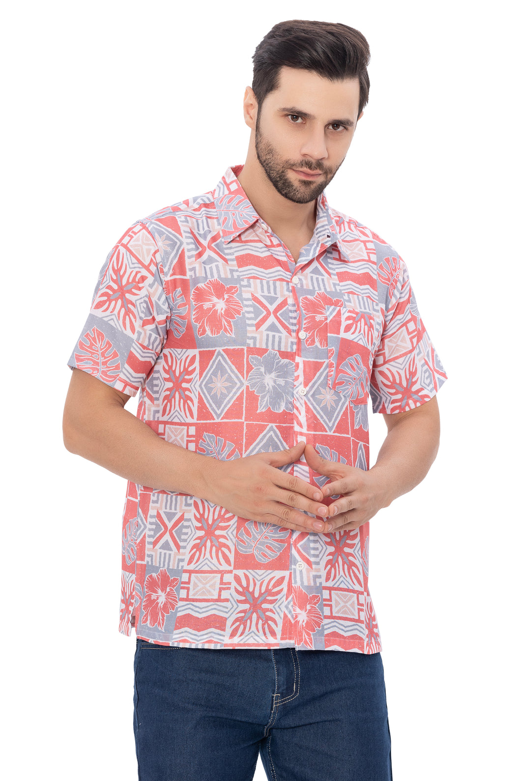HAPPY BAY Linen Effect Mens Shirts Red Abstract Leafs P00397
