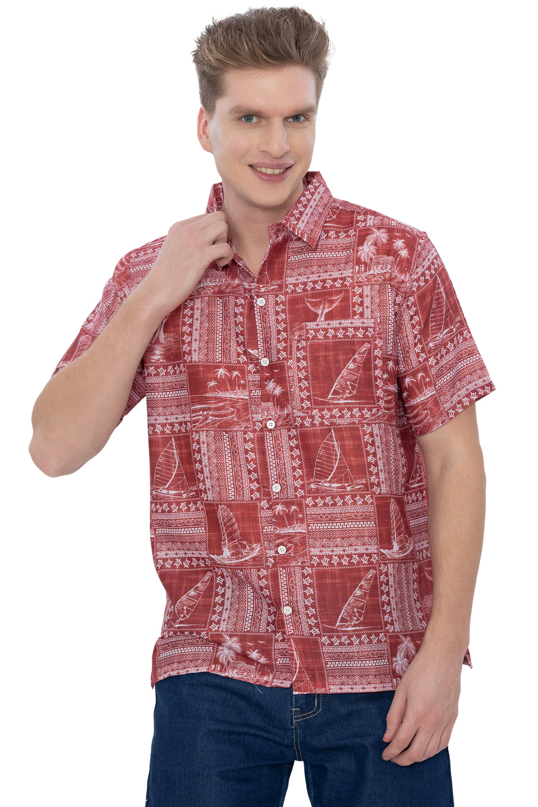 HAPPY BAY Linen Effect Mens Shirts Red Landscape P00406