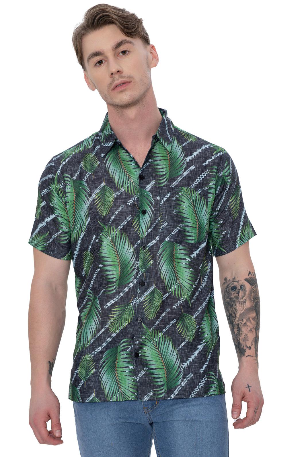HAPPY BAY Linen Effect Mens Shirts Green Palm Leafs P00409