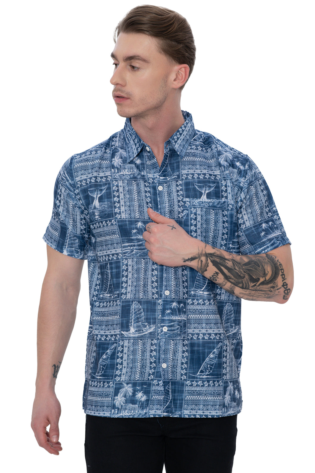 HAPPY BAY Linen Effect Mens Shirts Blue Landscape P00415
