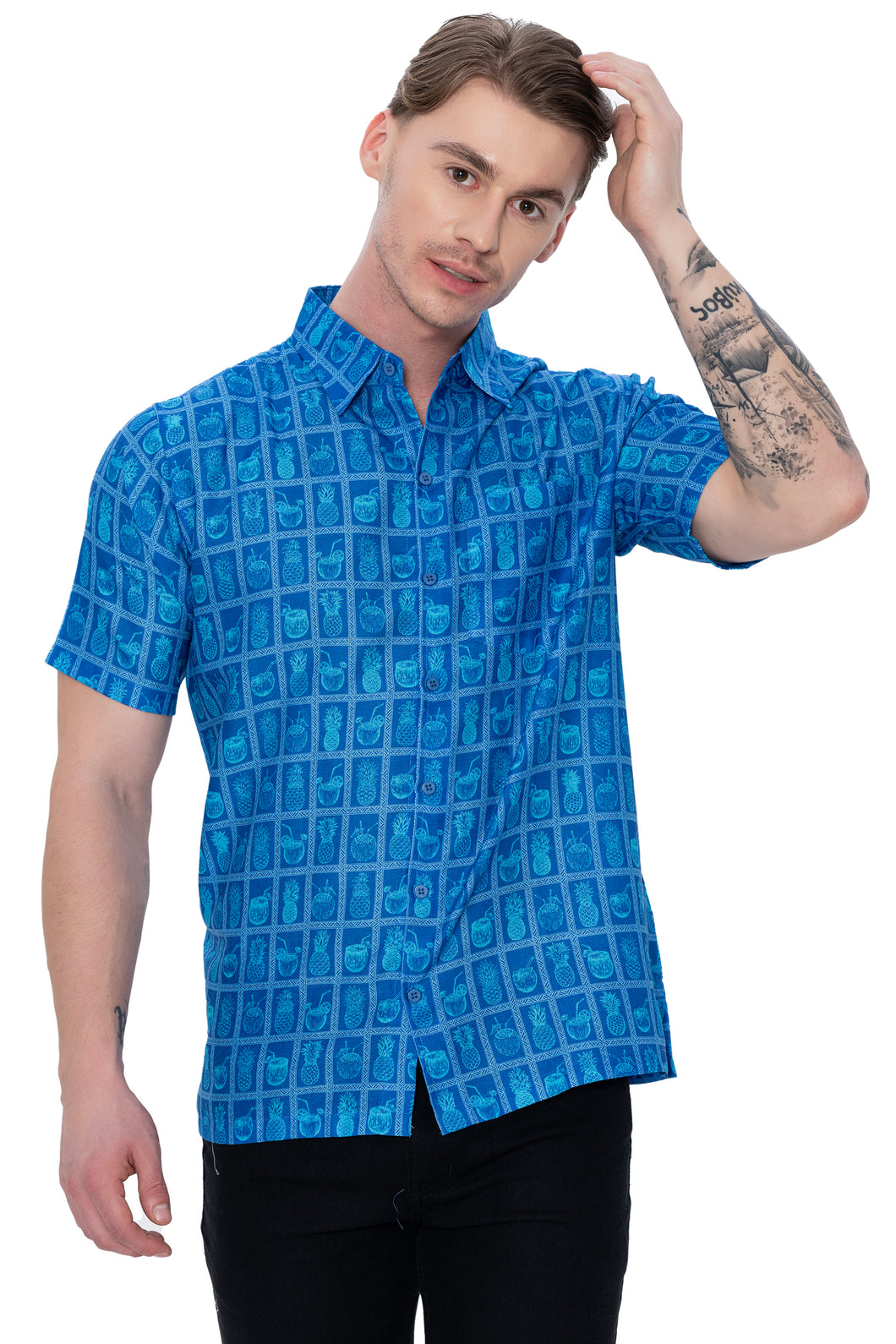 HAPPY BAY Linen Effect Mens Shirts Blue Pineapple P00424