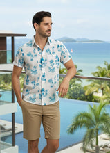 Cargar imagen en el visor de la galería, LA LEELA Mens Hawaiian Shirts White Turquoise Blue Palm Tree P00440