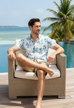Cargar imagen en el visor de la galería, LA LEELA Mens Hawaiian Shirts White Turquoise Blue Palm Tree P00440