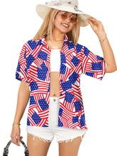 Load image into Gallery viewer, LA LEELA Women's Patriotic US Flag Beach Hawaiian Shirt P00627