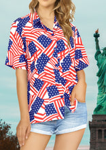 Load image into Gallery viewer, LA LEELA Women's Patriotic US Flag Beach Hawaiian Shirt P00627