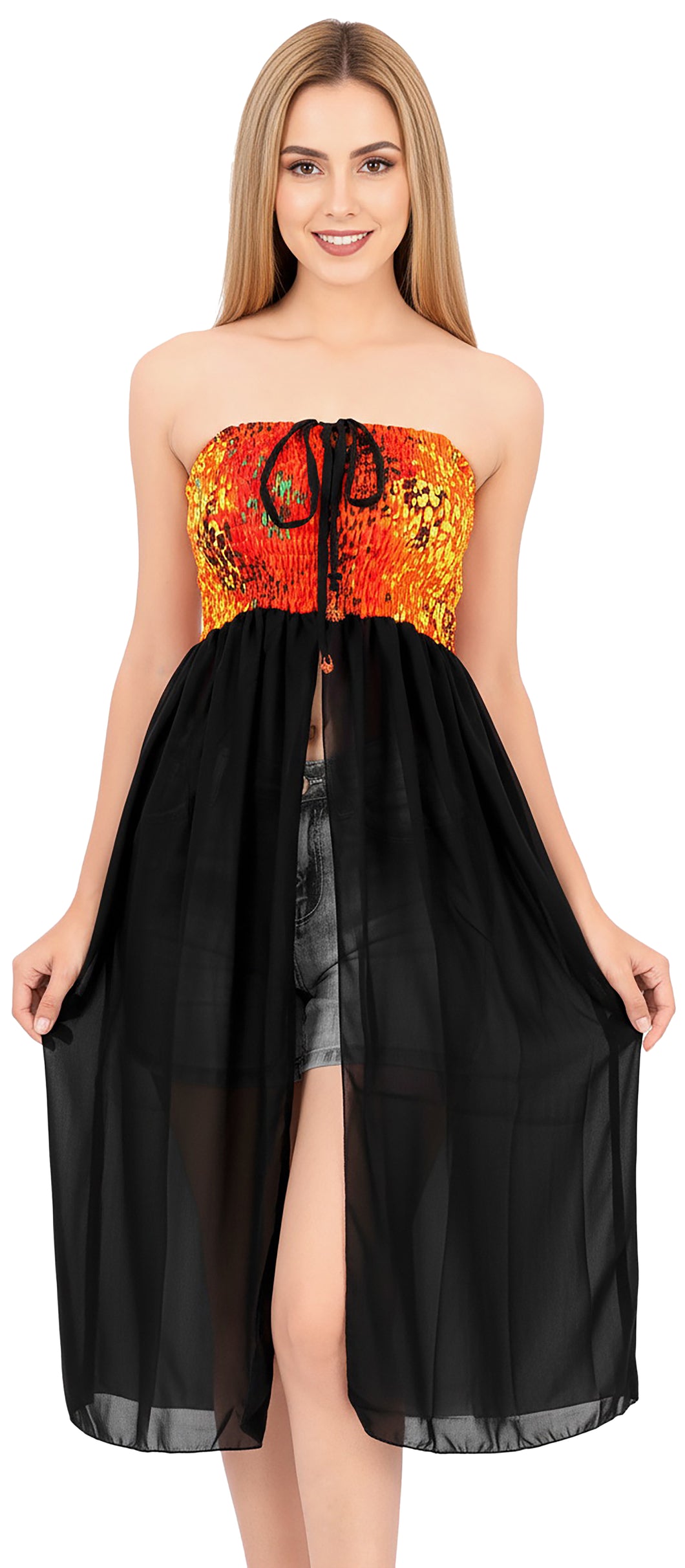 LA LEELA Women's Summer Boho Beach Halter Smocked Mini Swing Dress Tube Top Strapless Dresses for Women One Size Deep Carrot, Slit Plain P00688