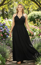 Cargar imagen en el visor de la galería, La Leela Solid Black Halter Neck Long Maxi Dress P00752