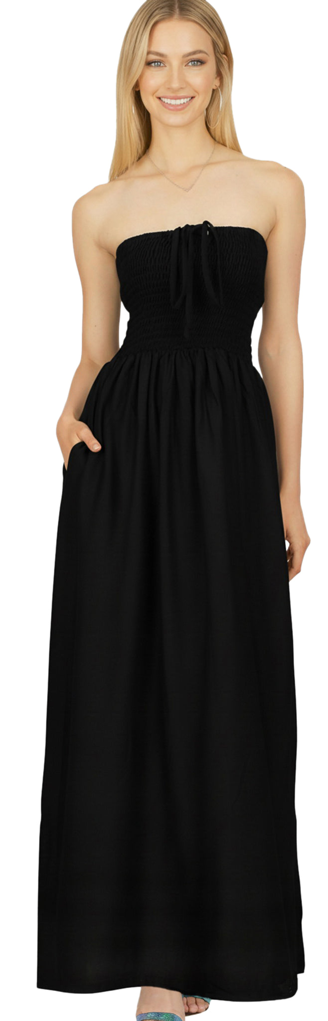 casual tube dress Xaqiouau Women Solid Strapless Tube Top Smocked Midi Dress Sleeveless Flowy A Line Casual Summer Sundress for Beach Vacation Party Daily Wear, Women's