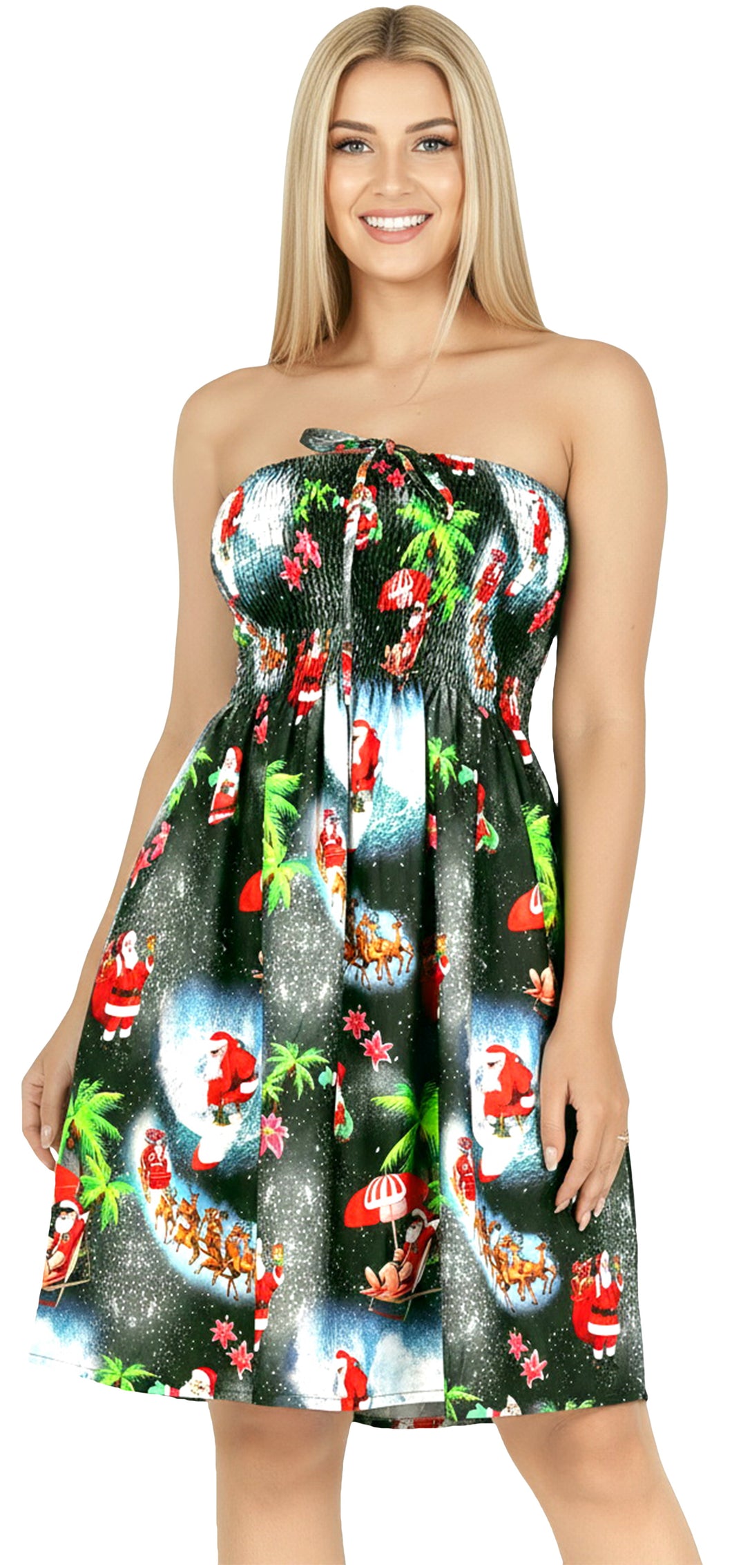 LA LEELA Women's Casual Beach A line Slit Mini Dress Tube Top Evening Short Strapless Tacky Christmas Tree Dresses for Women L-XL Metal, Reindeer