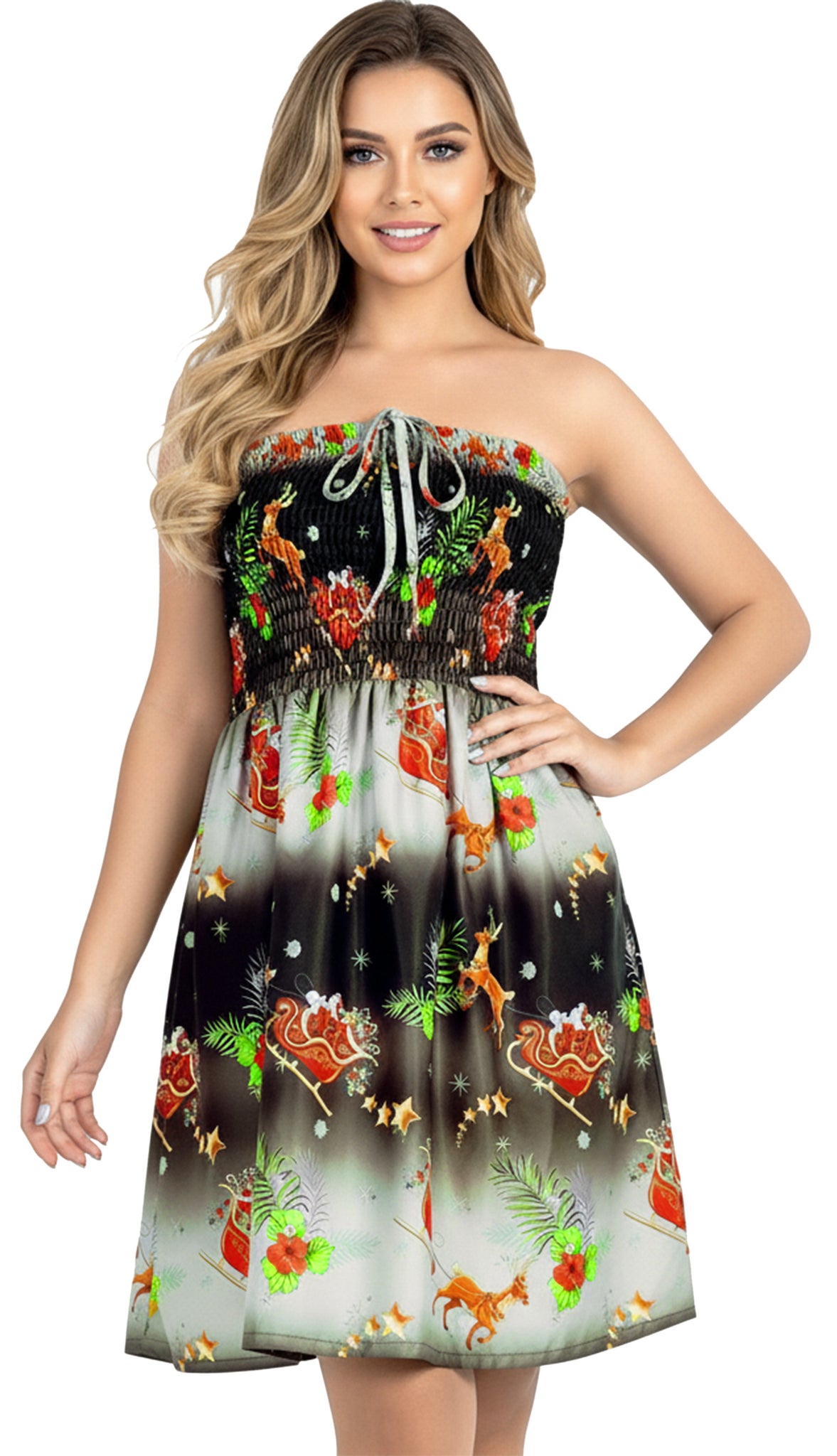 tube top dresses casual LA LEELA Women's Casual Beach A line Slit Smocked Mini Dress Ruched Tube Top Evening Short Strapless Christmas Tree Dresses for Women L-XL Jet, Floral