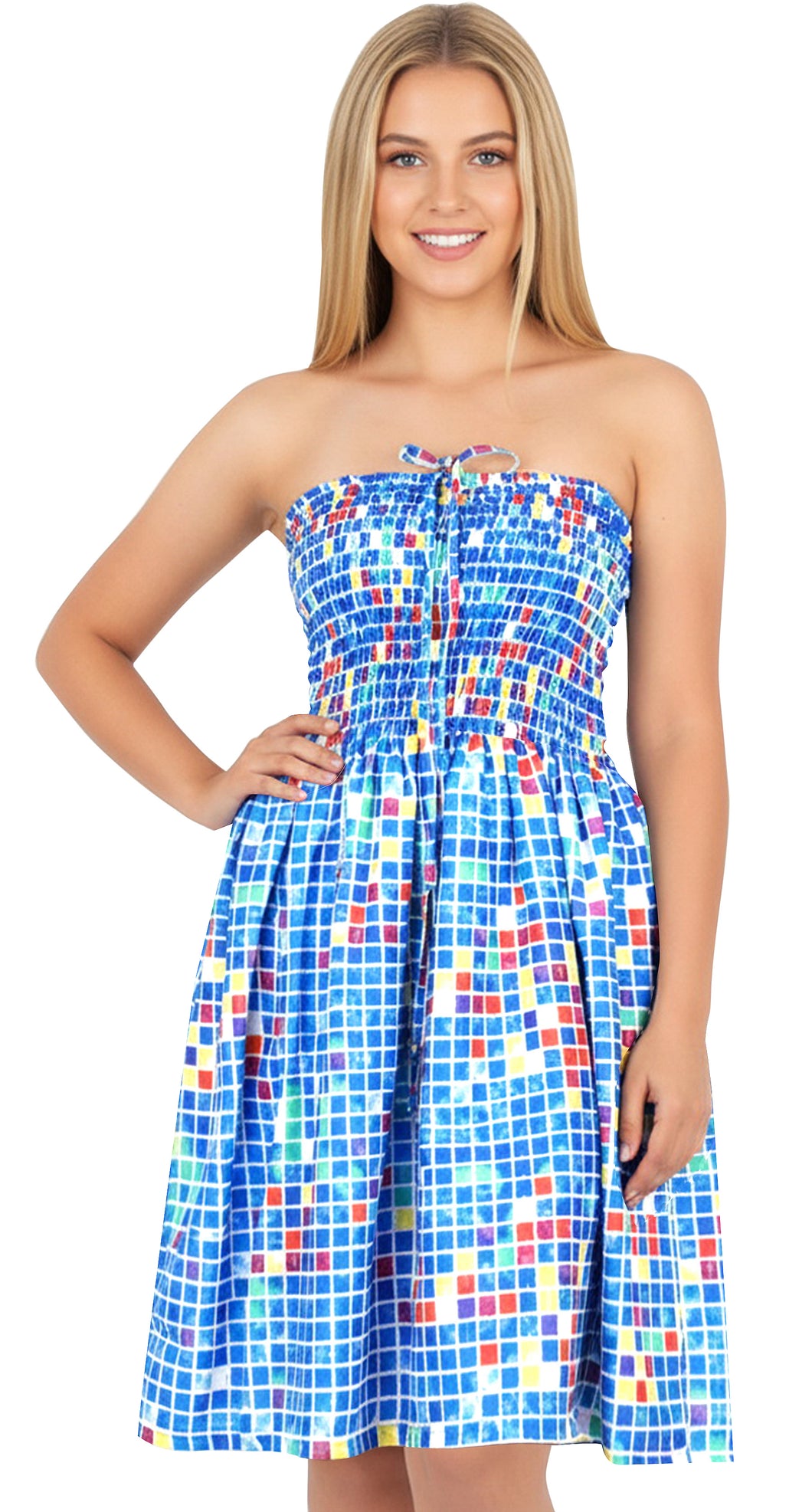LA LEELA Women's Summer Boho Beach Smocked Mini Swing Dress Tube Top Strapless Dresses for Women One Size Arctic, Checks P00861