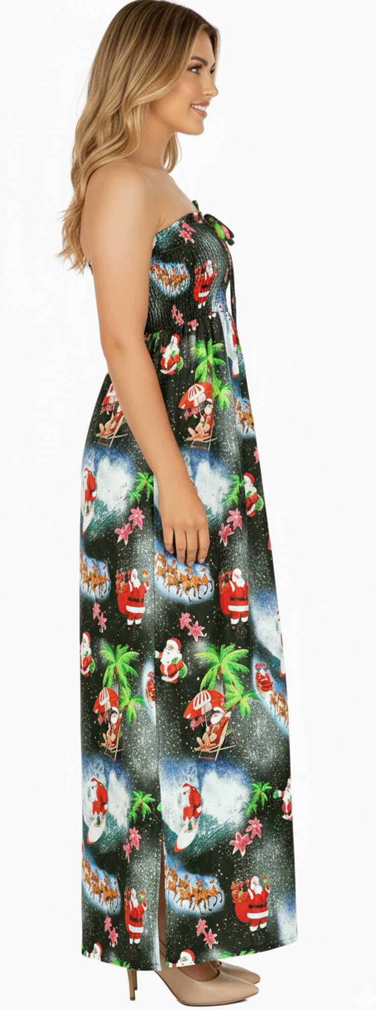 LA LEELA Women's A line Slit Maxi Casual Beach Dress Tube Top Evening Long Strapless Tacky Christmas Tree Dresses Black, Palm Tree P01053