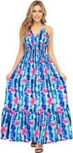 Cargar imagen en el visor de la galería, La Leela Blue and White Floral Printed Halter Neck Long Dress P01119