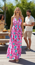 Load image into Gallery viewer, La Leela Pink and White Floral Printed Halter Neck Long Dress P01120