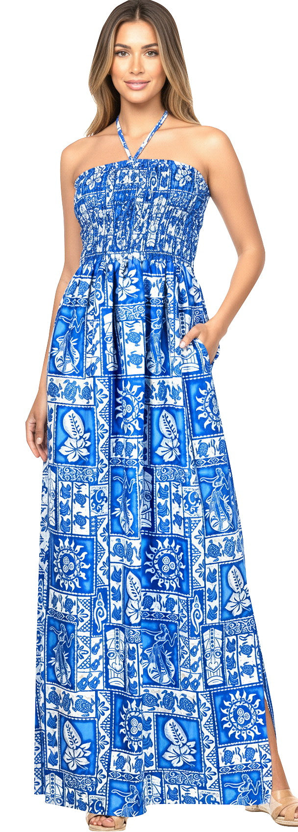 LA LEELA Women's Tube Dress Boho Flowy Maxi One Size Sapphire Tribal P01172
