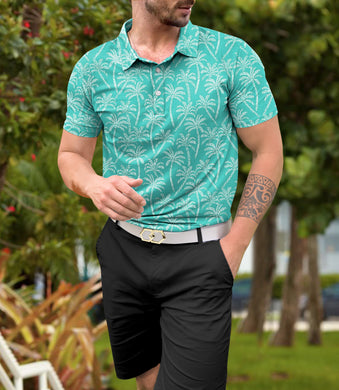 Teal Blue Allover Palm Tree Mens Polo Golf Shirt P04665