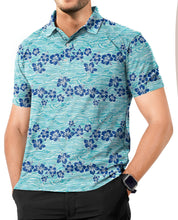 Cargar imagen en el visor de la galería, Teal Blue Allover Hibiscus Floral and Waves Mens Polo Golf Shirt P04669