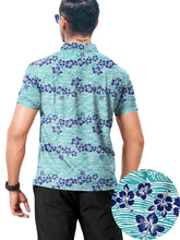 Cargar imagen en el visor de la galería, Teal Blue Allover Hibiscus Floral and Waves Mens Polo Golf Shirt P04669