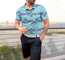 Cargar imagen en el visor de la galería, Teal Blue Allover Hibiscus Floral and Waves Mens Polo Golf Shirt P04669