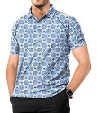 Load image into Gallery viewer, Blue Allover Hibiscus Floral and Tribal Square White Polo Golf Mens Shirt P04671