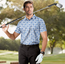 Load image into Gallery viewer, Blue Allover Hibiscus Floral and Tribal Square White Polo Golf Mens Shirt P04671
